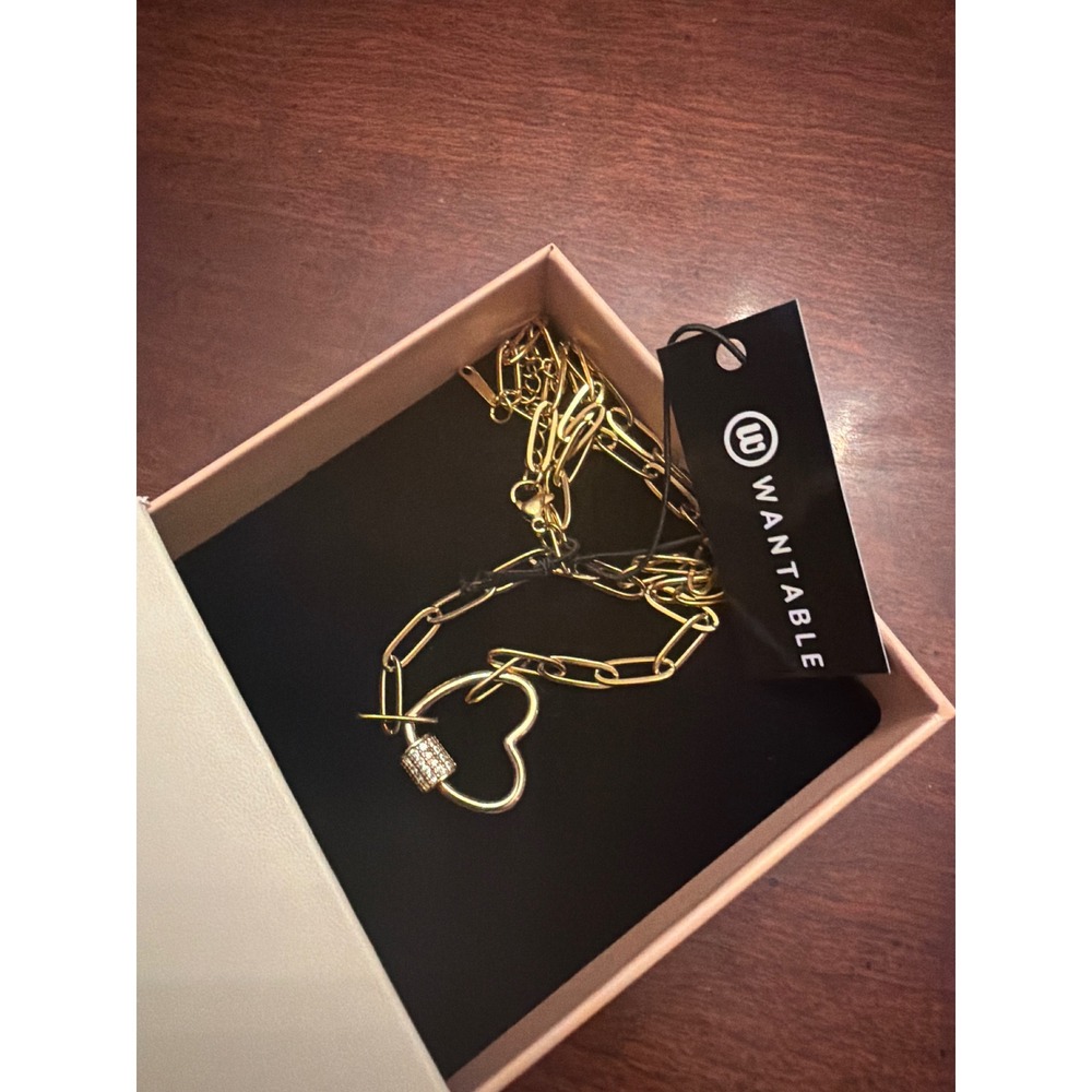 Wantable 18k Gold Heart Plated Paperclip Link Necklace Pave Rhinestone Necklace